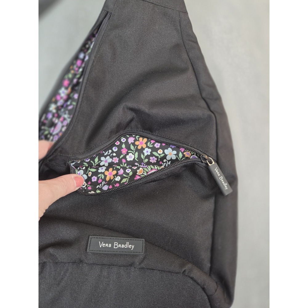 Vera Bradley Black Nylon Canvas Sling Backpack w/Padding Multi Floral Lined - Picture 4 of 10